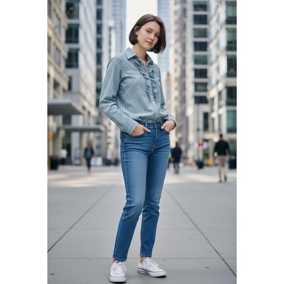 Ralph Lauren vintage 90s ruffle button down shirt blouse Peasant Royal Medium - Picture 3 of 8